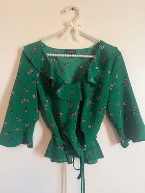 Topshop Emerald Green Floral Ruffle Wrap Top